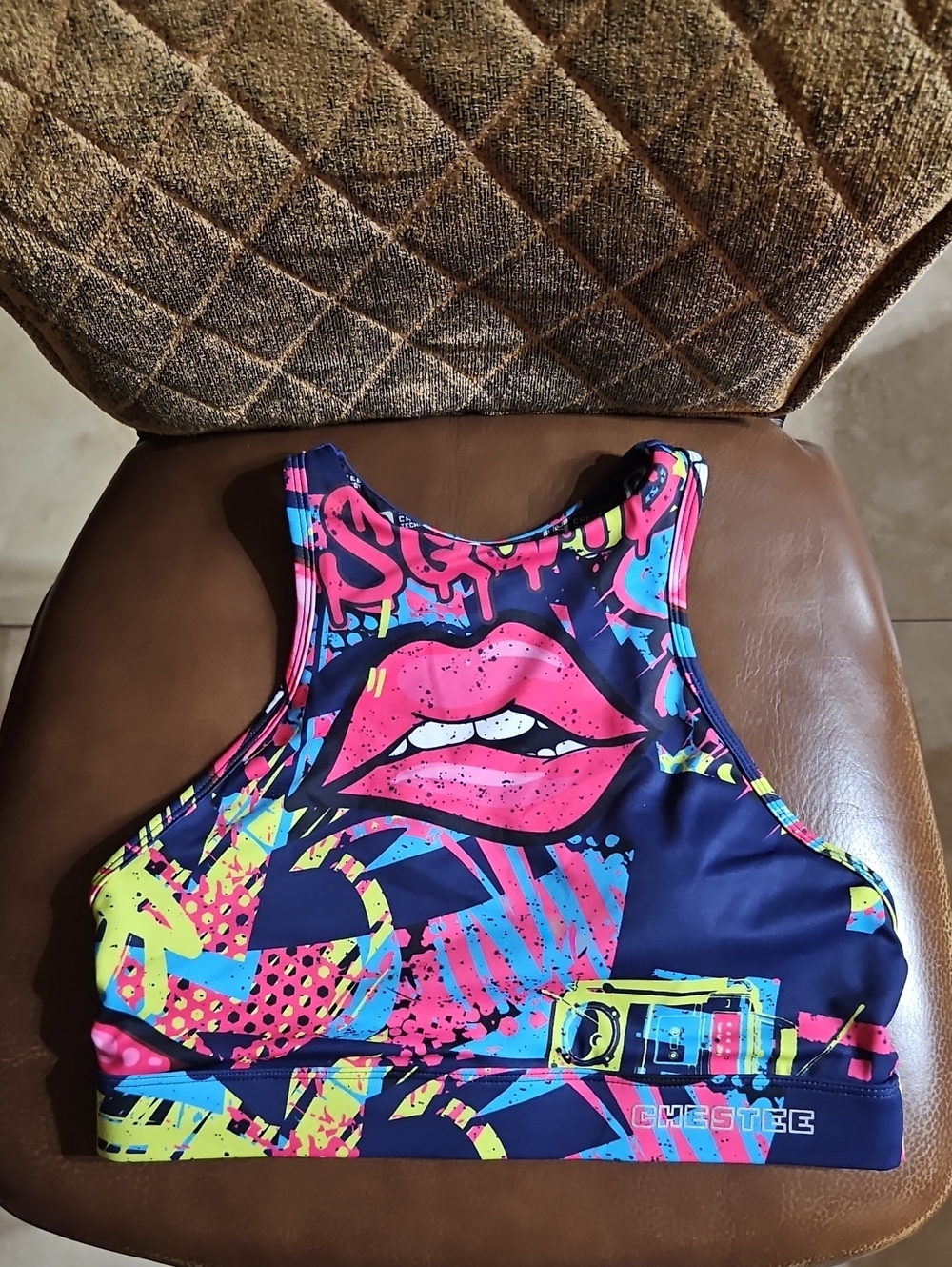 Chestee Strappy Racerback High Neck Wirefree Sports Bra Pink Graffiti Lips Print